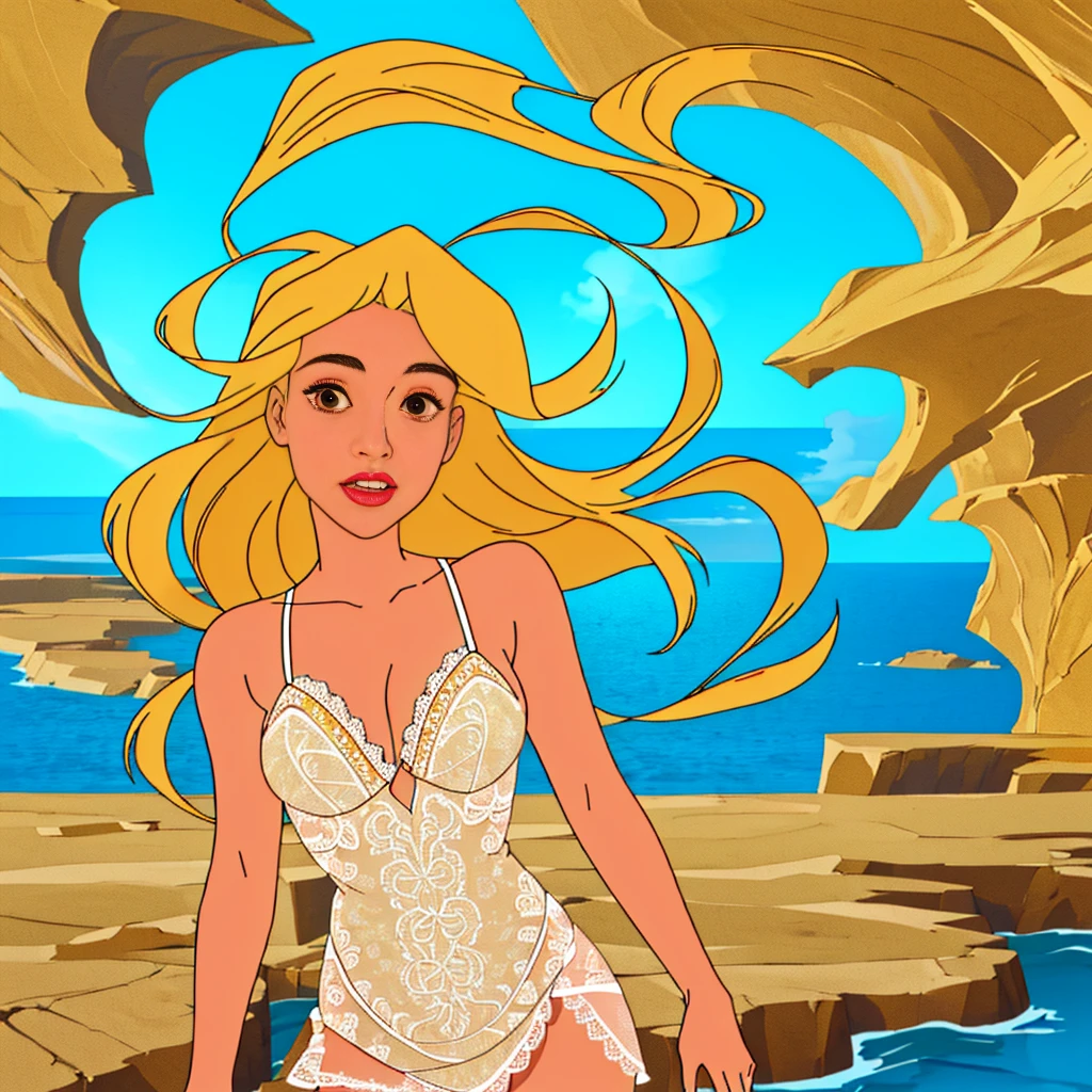 ( Absurd , High quality , ultra detailed, careful with hand )Zodiac - Gemini goddess , similar to latin goodness , Solo . Curious, skillful, humorous, seductive, imaginative face , Sometimes impractical, restless, nervous, careless style , mature , light brown eyes , long hair , light blonde hair , transparent dress , lace lingerie , in the ocean with wind , whole body , flirty look ,