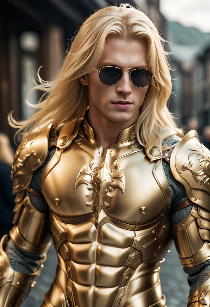 extremely handsome blond man, amazing quality, masterpiece, best quality, hyper detailed, ultra detailed, UHD, perfect anatomy, model, stylish pose, wearing fantastic armor, gold armor, full-body armor, shades, blond hair, hand up, extremely detailed, Nordic man,
