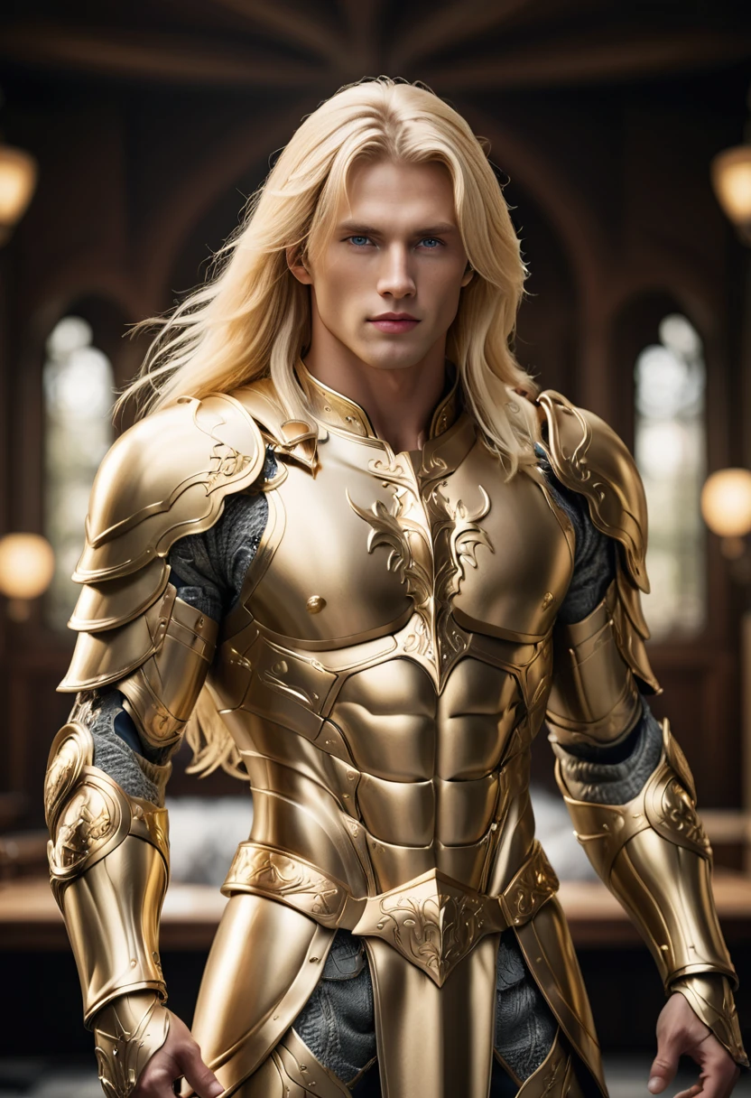 extremely handsome blond man, amazing quality, masterpiece, best quality, hyper detailed, ultra detailed, UHD, perfect anatomy, model, stylish pose, wearing fantastic armor, gold armor, full-body armor, shades, blond hair, hand up, extremely detailed, Nordic man,
