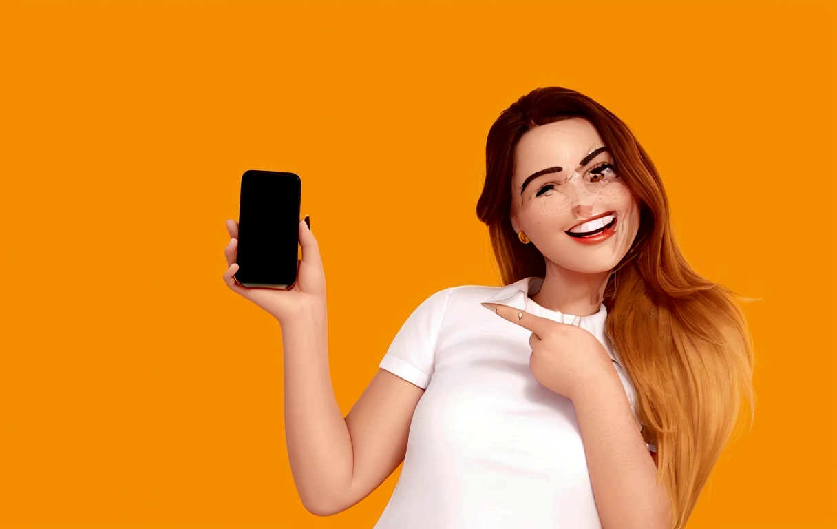 arafed woman in board shirt holding a smart phone, she is holding a smartphone, holding a very advanced phone, in front of an orange background, hold up smartphone, holds a smartphone in one hand, Attractive features, phone in hand, with accurate features, vibrant and vivid, ad image, android phones, cellular, smartphone