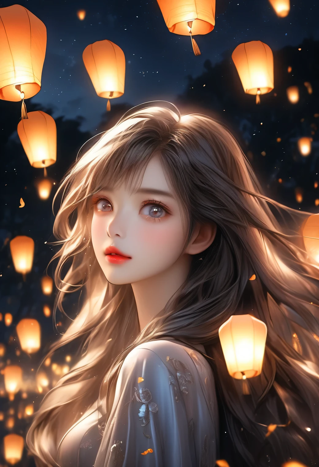beautiful cute girl looking up at the night sky, sky-lantern festival, Sky-lanterns, a fantastic sight where countless sky-lanterns decorate the night sky, dark moody atmosphere, (highest quality,16k,highres,masterpiece:1.2),ultra-detailed,(ultra-realistic,photorealistic,photo-realistic:1.37),night sky, dark tones, floating sky-lanterns, soft lighting, serene, atmospheric, whimsical, dreamlike, magical realism, long flowing hair, through bangs, Beautiful attention to detail, Beautiful lip detail, Highly detailed face, detailed facial features, long lashes, shining eyes, nijistyle,cute girl,woman