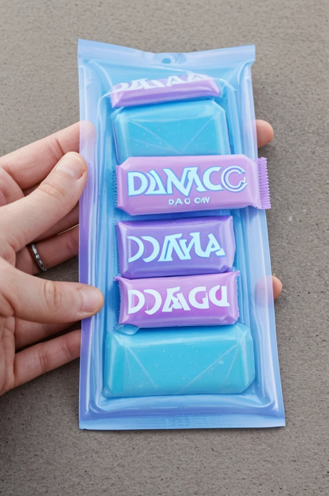 An open pack of chewing gum where baby blue chewing gums fall out and on the pack it says Magic DNA gum and the writing is baby blue and the pack is pastel purple