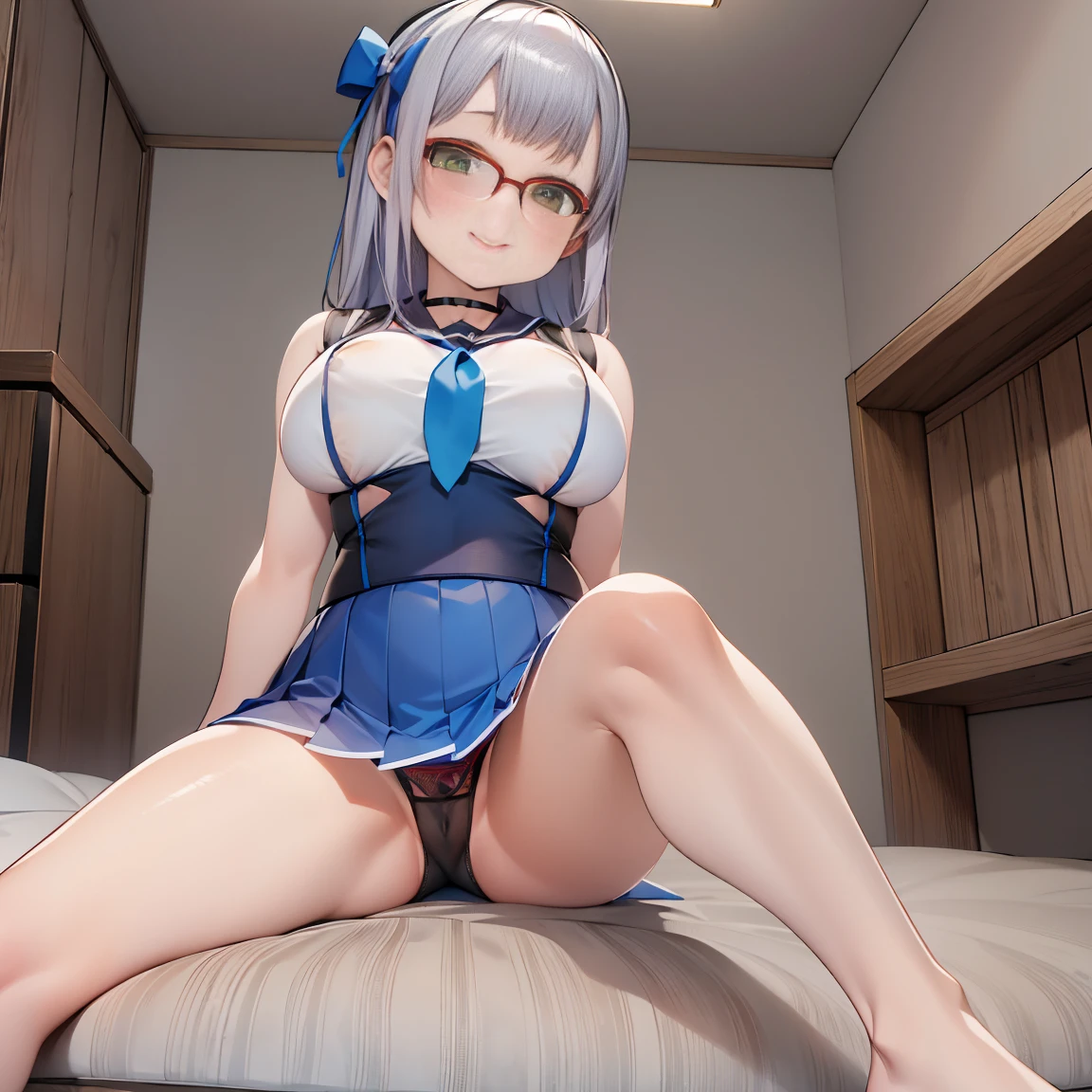 8K、masterpiece、Japanese、Woman wearing glasses、Neon(nod)、from the front、smile、Childish、Big Breasts、See-through underwear、night、Bedroom、Spread your legs and show、mini skirt