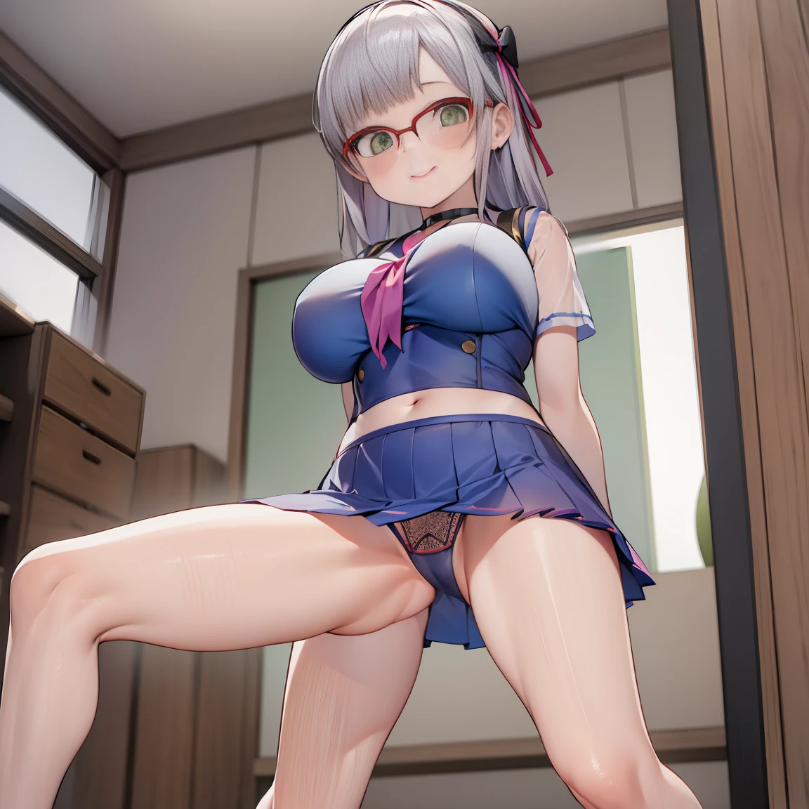 8K、masterpiece、Japanese、Woman wearing glasses、Neon(nod)、from the front、smile、Childish、Big Breasts、See-through underwear、night、Bedroom、Spread your legs and show、mini skirt