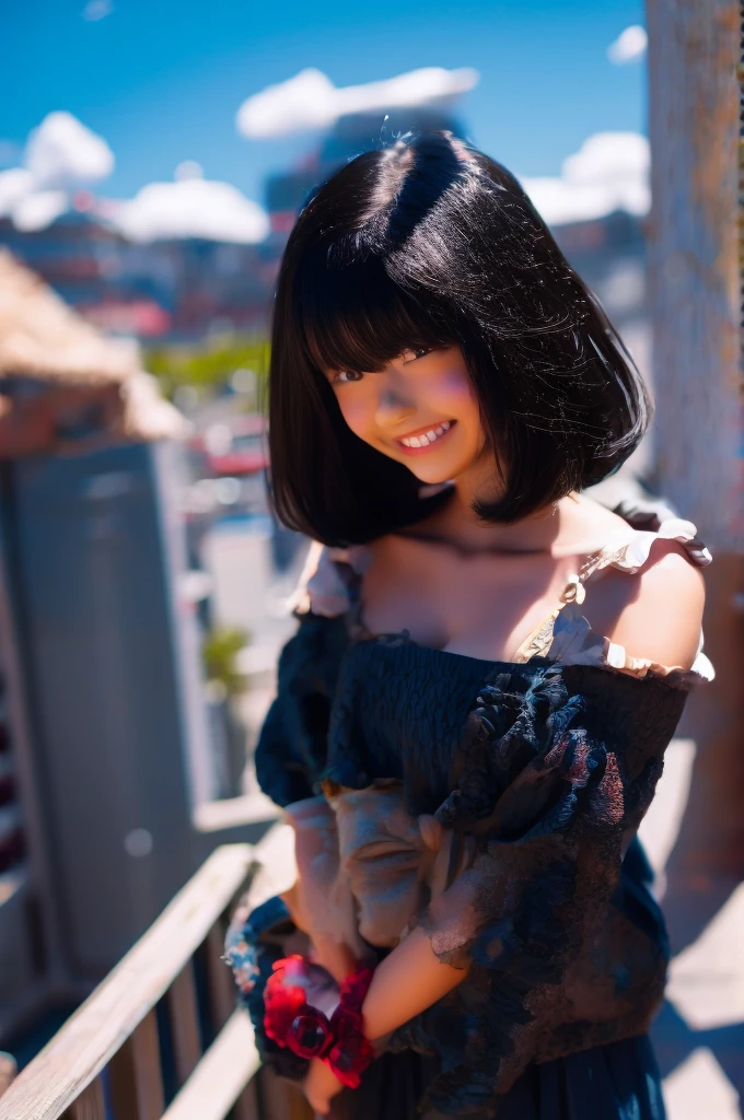 black hair, hair bobbles, solid circle eyes, light smile, ccurate, black hair, hair over shoulder, Surrealism, drop shadow, anaglyph, stereogram, tachi-e, pov, atmospheric perspective, 8k, super detail, best quality, textured skin, UHD