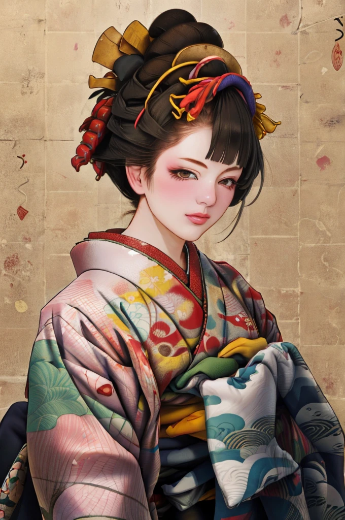 1 Girl, alone, Oiran, Maiko, country, Looking at the audience, short hair, Brown eyes, Brown Hair, Black Hair, hair ornaments, Upper Body, kimono, Blunt bangs, kimono, sash, Compensate, Bob cut hair,