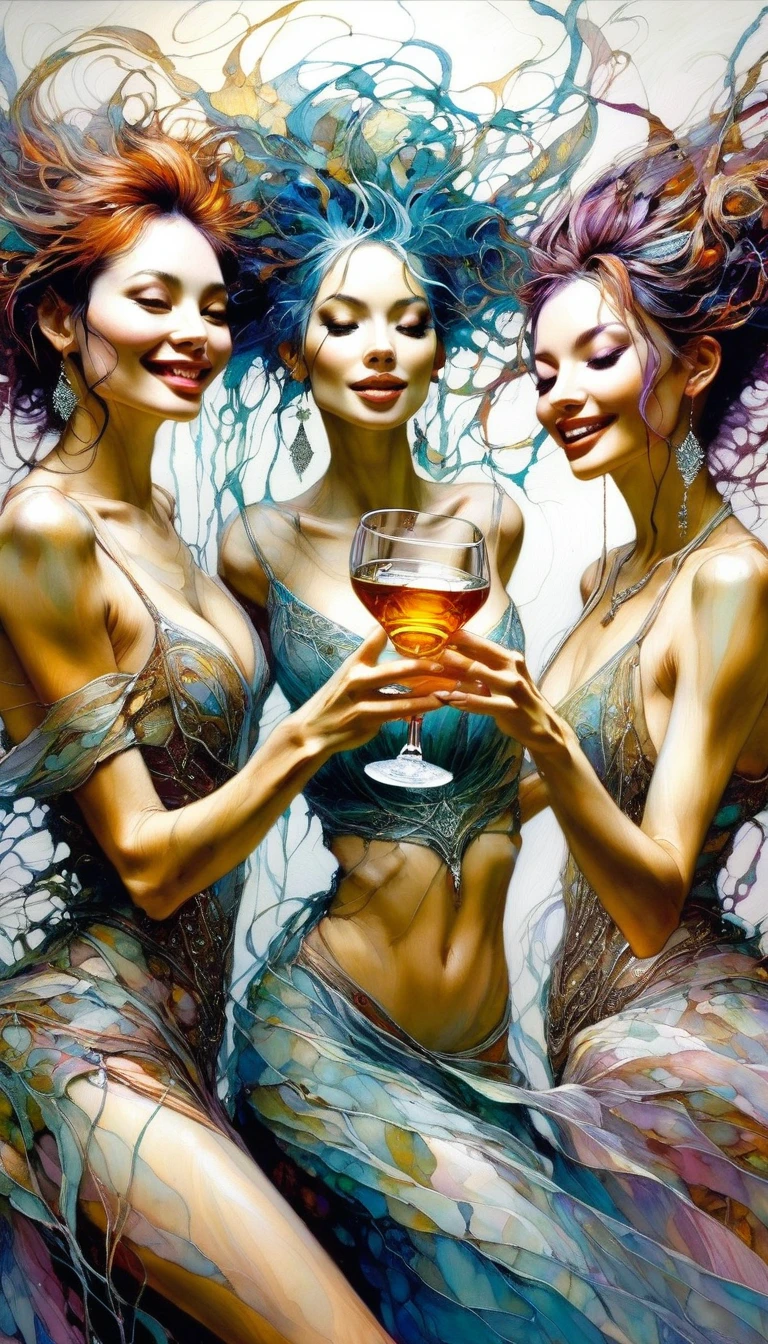 three women have fun and dance, each holding a cup of liquor, luxurious cups(art inspired by Brian Froud and Carne Griffiths and Wadim Kashin, intricate details, oil)
