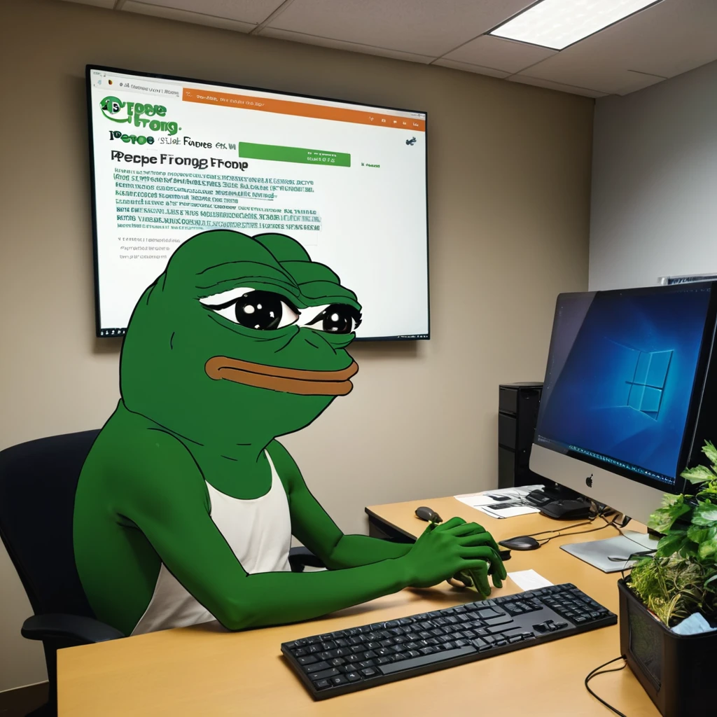 a boy working at desk on computer, creating crypto website, (((pepe frog))), intricate details, photorealistic, 8K, cinematic lighting, vibrant colors