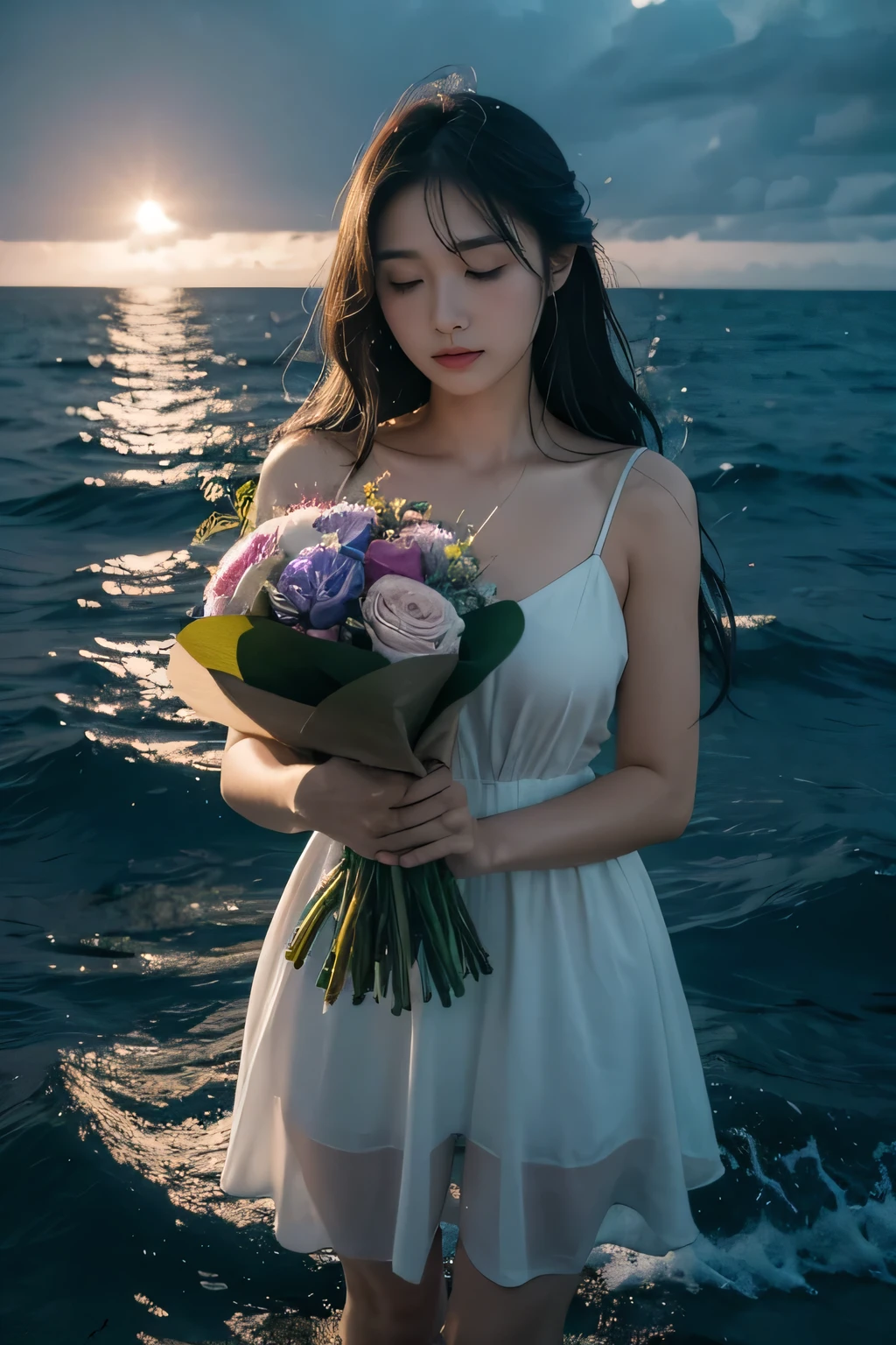 A bouquet of empty dreams in the ocean, wet with the midnight moon,