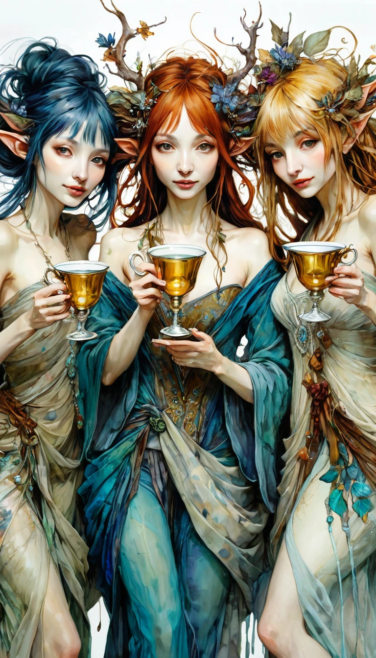 three women have fun and dance, each holding a cup of liquor, luxurious cups(art inspired by Brian Froud and Carne Griffiths and Wadim Kashin, intricate details, oil)