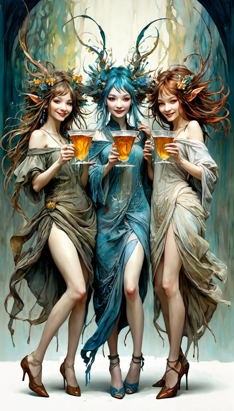 three women have fun and dance, each holding a cup of liquor, luxurious cups(art inspired by Brian Froud and Carne Griffiths and Wadim Kashin, intricate details, oil)

