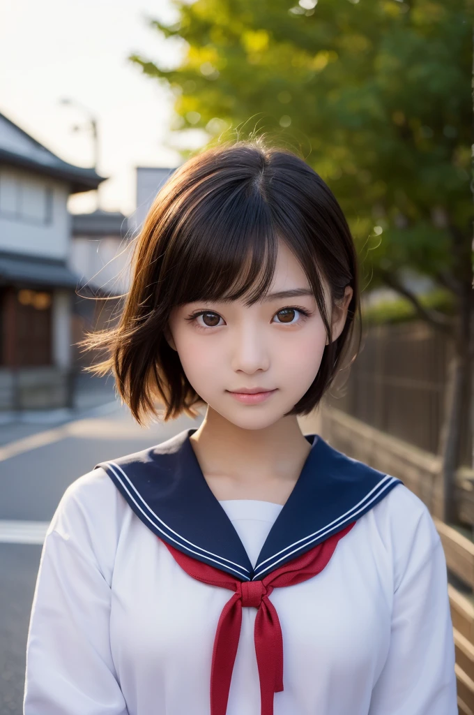 (1 Girl )、(Beautiful Japanese、18years old,round face、Refreshing、clear、seems kind、stylish、Pitiful、cute like an angel、cute、black eyes、,actress,Almond-shaped eyes,Translucent white skin、Beautiful skin), {(Japan human face:1.4)} , (((Beautiful breasts:0.4))),(((soft breasts))),(very cute),(short hair),(enchanting eyes),(highlight on eyes:1.2)、(8K、Live shooting、highest quality、masterpiece:1.2、optimal lighting)、((masterpiece)),(Photo taken by a professional photographer),(real、photo real:1.4),BREAK,{(cute Japanese high school sailor uniform),((traditional Sailor Suit:1.0))},(cheeks are red:1.3), BREAK, BREAK,Face shot:1.3、 face close-up,Looking at viewer,Lonely face,evening、Japan,evening、sunset、、、Hair swaying in the wind:1.4,Beautiful Sunset,Schoolyard, school building,