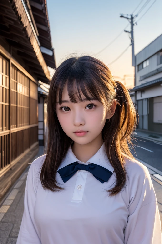 (1 Girl )、(Beautiful Japanese、18years old,round face、Refreshing、clear、seems kind、stylish、Pitiful、cute like an angel、cute、black eyes、,actress,Almond-shaped eyes,Translucent white skin、Beautiful skin), {(Japan human face:1.4)} , (((Beautiful breasts:0.4))),(((soft breasts))),(very cute),(short hair),(enchanting eyes),(highlight on eyes:1.2)、(8K、Live shooting、highest quality、masterpiece:1.2、optimal lighting)、((masterpiece)),(Photo taken by a professional photographer),(real、photo real:1.4),BREAK,{(cute Japanese high school sailor uniform),((traditional Sailor Suit:1.0))},(cheeks are red:1.3), BREAK, BREAK,Face shot:1.3、 face close-up,Looking at viewer,Lonely face,evening、Japan,evening、sunset、、、Hair swaying in the wind:1.4,Beautiful Sunset,Schoolyard, school building, 