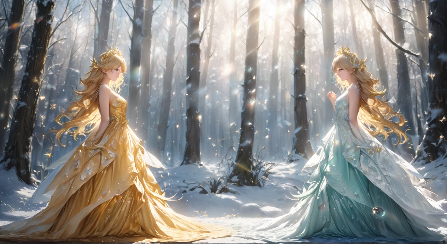 Vector, best quality, 8k, high resolution, high quality, a graceful golden-haired forest queen, dew and frost, bar lighting, stands in a sunlit clearing in winter, her hair cascading down her back, as butterflies and dandelion spores flutter around her, Beautiful Woman full head-to-toe portrait, medium full shot Portrait, perfect detailed face, detailed symmetric blue-green eyes with circular iris soft natural lighting, symmetrical, natural skin texture, soft lighting, detailed face, photorealism, soft pastel colors sparkling, looking into the camera, frosty snowy background, photorealistic painting, sharp focus, 8k, perfect composition, trending on artstation, award-winning photograph, unreal engine 5, cinematic smooth, intricate detail, studio photo, highly detailed. simple background, gold filigree dress hyper-detail, gesturing to the sun, flowing golden gown, nice body, {{full body}}, Davinci, hair with dew and frost, sunlit, sparkles all over gown, and frost, hyper-detailed dress and hair, pink blue and yellow butterflies.