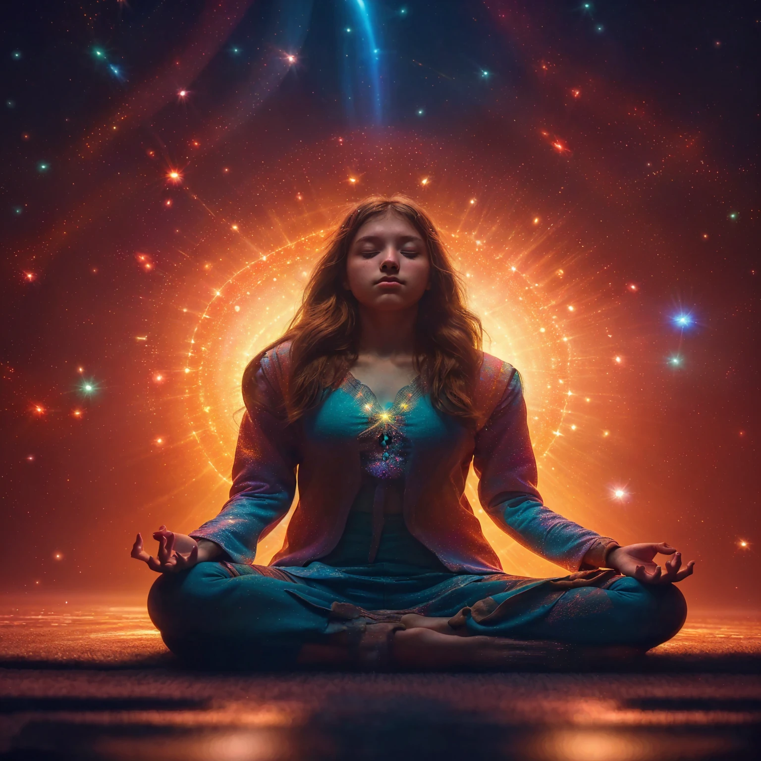 A young girl,Cross-legged meditation, In the center,Very bright colors, Light Particles, Luminescence, Mushf, Wallpaper Art, Ultra HD Wallpaper