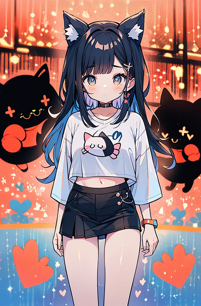 boxing、teenage girl、、belly button、stomach、skirt、Cat ear、cute,Put your fist forward,T-shirts