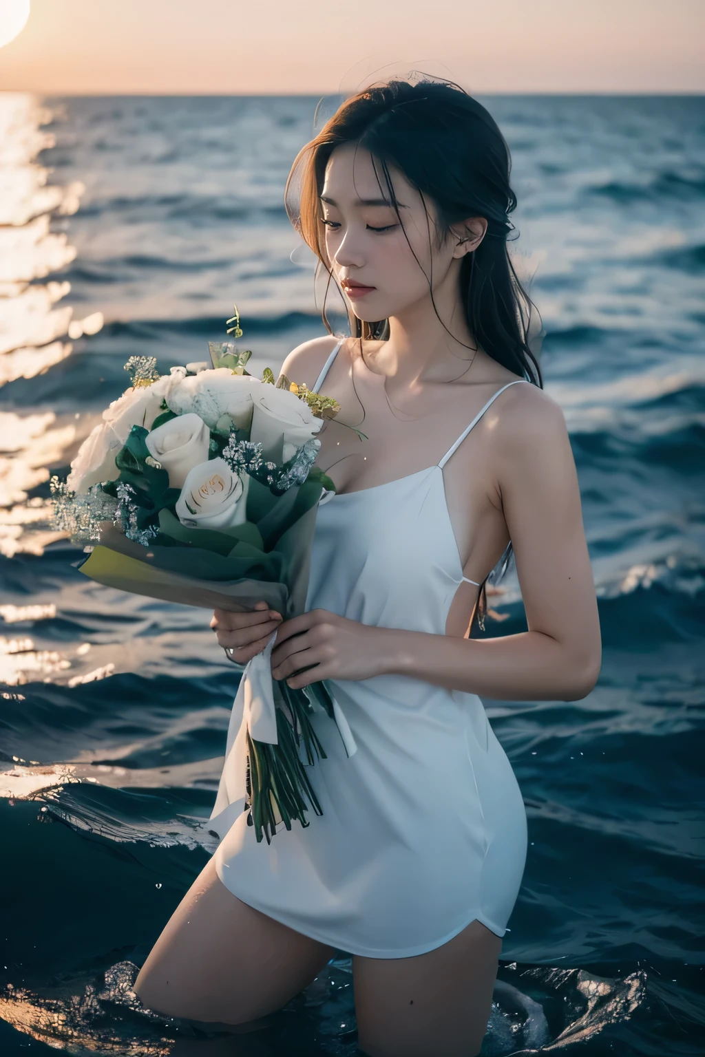 A bouquet of empty dreams in the ocean, wet with the midnight moon,