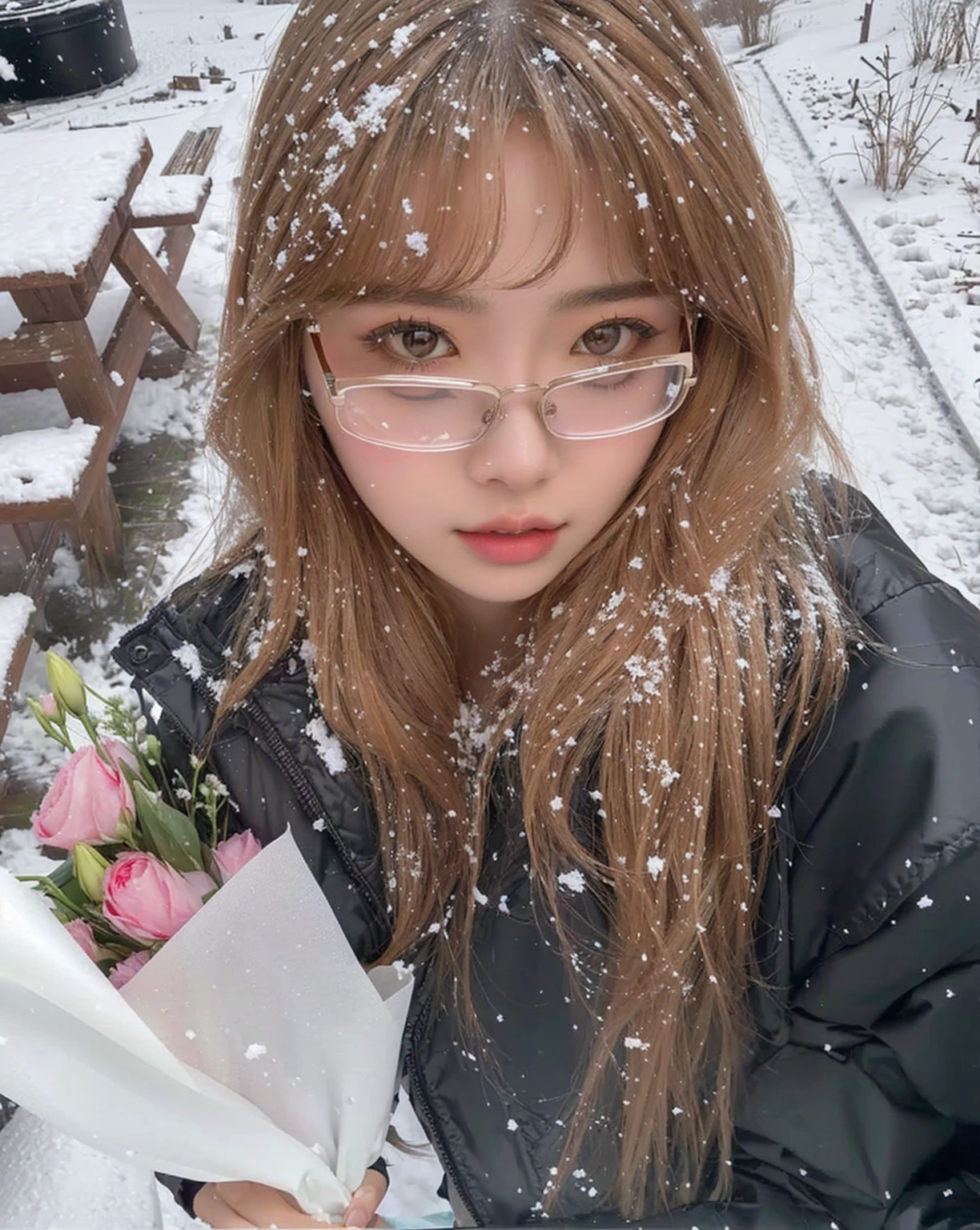arafed woman con gafas holding a bunch of flowers en la nieve, con flores congeladas a su alrededor, en la nieve, ulzzang, en la nieve, Lalisa Manobal, Lalisa Manoban de Blackpink, Jinyoung Shin, nevando outside, solo nieve en el fondo, nevando, día nevado, covered en la nieve, con gafas