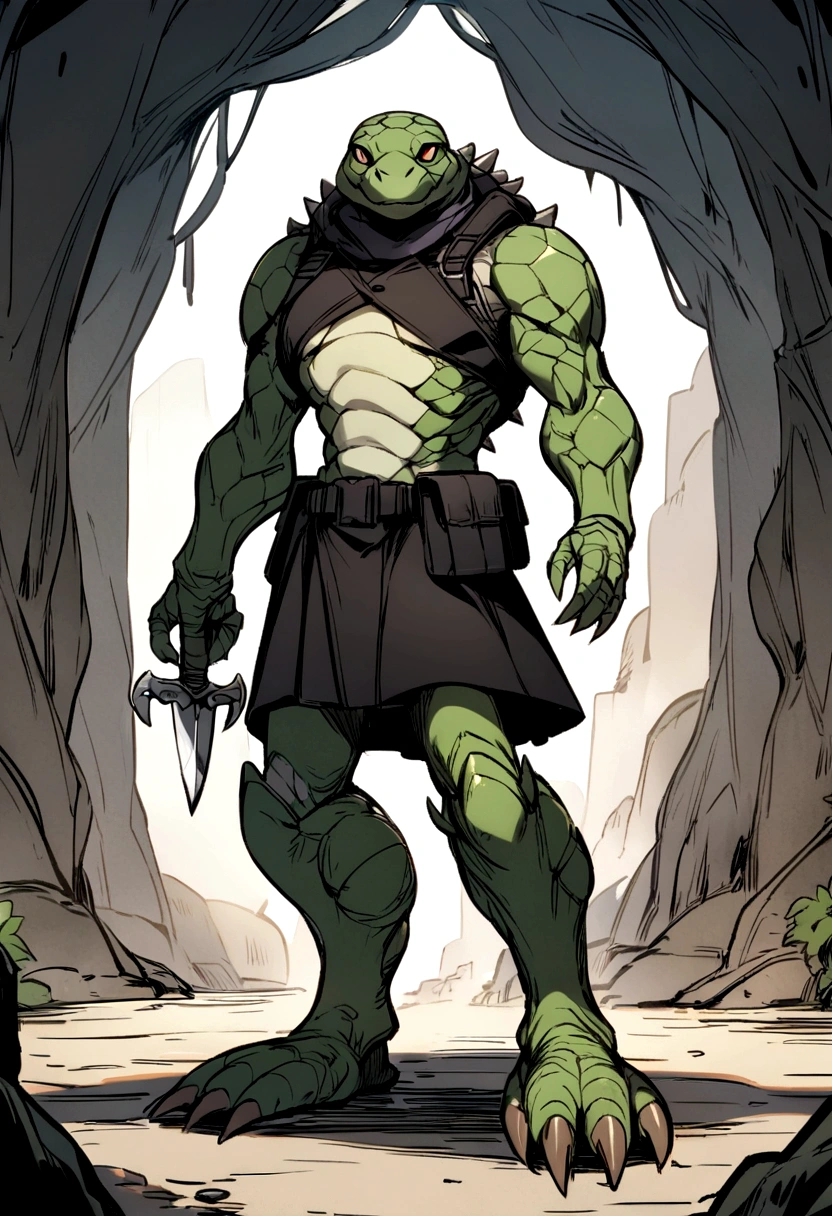 Humanoid turtle monster with a black trench coat and a utility belt with potions and two daggers