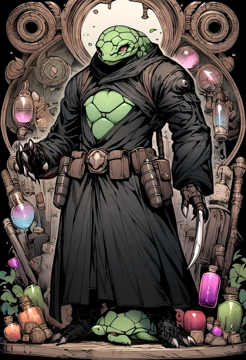 Humanoid turtle monster with a black trench coat and a utility belt with potions and two daggers