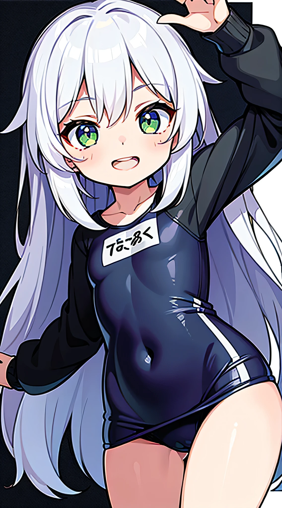 masterpiece,best quality,ultra detailed,8k,kawaii,cute,,8 years old,masterpiece,best quality,ultra detailed,8k,kawaii,cute,,8 years old,flat ,silver hair,long hair,straight hair,hair between eyes,green eyes,smile,teeth,school ,black coat,double_v,Peace Sign,simple_background,Close-up,standing,