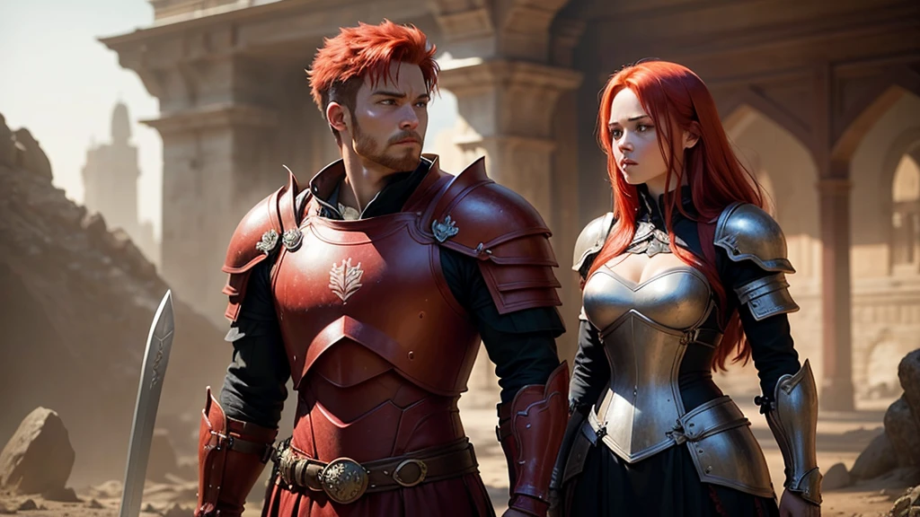 that she has red hair and that she is alone, with bigger armor, He is missing the long sword and the shield