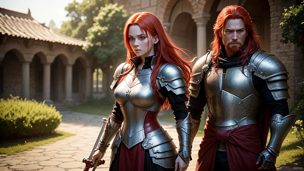 that she has red hair and that she is alone, with bigger armor, He is missing the long sword and the shield