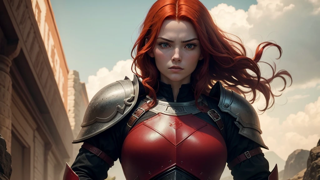 that she has red hair and that she is alone, with bigger armor, He is missing the long sword and the shield