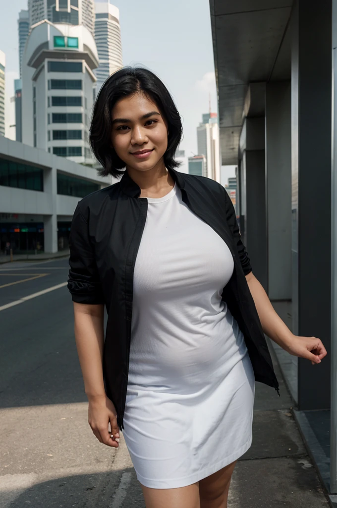 Realistic 3D caricature. The head is quite large. A 27 year old Indonesian man. height, rather full body, the shape of the face is quite round, very handsome, slightly round eyes, Bright white skin, smile,  Black hair with a side part, His hair is cut thinly on the side, wearing a black jacket with a white shirt underneath. Upright standing position, rather plump arms, Background of Petronas Malaysia, Beautiful Afternoon Atmosphere. Use soft photography lighting with a hair lamp, side lights, and top lights. Photos with very high detail 