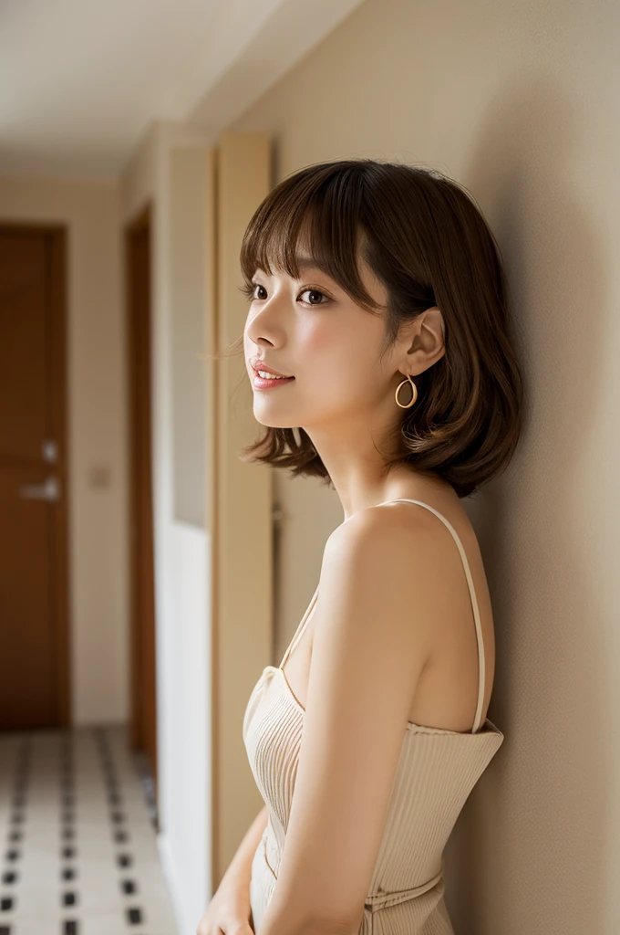 Apartment hallway,Hairdresser,((full body)),((photo)),((best qualtiy, 8K, tmasterpiece:1.3)), Focus:1.2, perfect figure beautiful girl:1.4,1girl,cowboy shot,look at viewer,incredibly absurd, beautiful and cute girl with a photorealistic face, showcasing top-quality craftsmanship, A Japanese woman standing in front of the door to her apartment, 23 years old, short hair, bangs straight above her eyebrows in a simple bang, soft waves, light brown hair, fair skin, clear skin, baby face, round double eyelids, light brown eyes, long upturned eyelashes, small straight nose, small mouth, plump lips, beautiful teeth, dimples, soft skin, , delicate, plump, A-cup small breasts, beige loose silhouette dress, brown sandals, small gold earrings and necklace, cigarette, beautiful girl, pure, soothing, husky voice, calm, curious, laid-back, April
