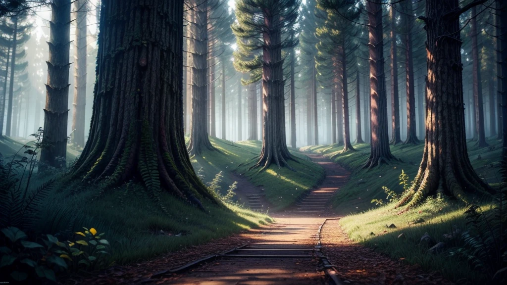 (Extremely detailed CG 8k unity wallpaper, work of art, best qualityer, super verbose), (better lighting, better shadows, extremely delicate and beautiful), lush, old dark dense forest in the evening, little creatures hiding between roots of trees, magical atmosphere. 