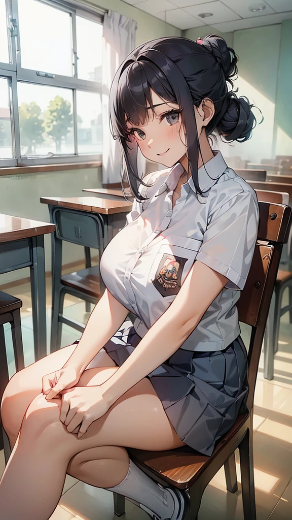 1 woman, , (updo, grey hair), plump body, black eyes, Indonesian high-school uniform, (wearing transparent white shirt, showing bra), osis logo on shirt pocket, huge XL breasts, light-grey pleated skirt, sitting on a chair, seductive pose, full body shot, side view, smiling, in the classroom.