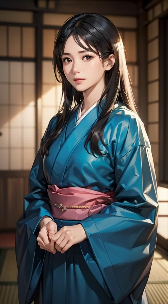 (Realistic)、(Realistic:1.2)、(High resolution)、Very detailed、Very beautiful face and eyes、1 girl、Delicate body、(highest quality、Attention to detail、Rich skin detail)、(highest quality、8k、Oil paint:1.2)、Very detailed、(Realistic、Realistic:1.37)、Bright colors、Full Body Shot,black_hair, Beautiful 8k eyes,Looking_in_Audience,One person in,Are standing,((Very beautiful woman, Fuller lips, Japanese pintern kimono))、((Colorful Japanese kimono)))、(((blackhair)))、(((Blunt bung,long straight hair)))、((( Inside an old Japanese house with a (short focus :1.4),)))、(masterpiece, highest quality, highest quality, Official Art, beautifully、aesthetic:1.2),(Fractal Art:1.3),Sengoku period、Greg Rutkowski Written by Alphonse Mucha Ropp,short ,uchikake,nishijin ori,(realistic light and shadow), (real and delicate background),(muted colors, dim colors, soothing tones:1.3), low saturation, (hyperdetailed:1.2), (noir:0.4),drow,blurry_light_background, (vibrant color:1.2), cinematic lighting, ambient lighting,Single Shot,Shallow Focus,pink lip,blurry light background,