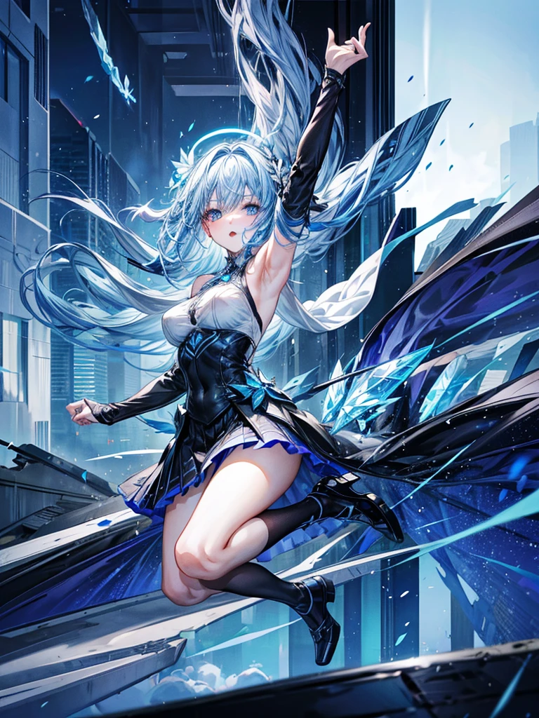 One beautiful woman、Jumping off a building、The wind is blowing、Transparent light blue hair、Crystal-like hair、Fluttering Hair、Blue eyes that shine like jewels、Black combat uniform、Flowing skirt、Acrobatic、Dynamic composition、Halo、summer、sunny、skyscraper、Highest quality、masterpiece、Super detailed