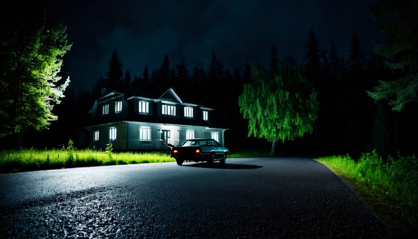 car parked on the edge of the asphalt, road, forested area, in the background a house, dark night, sinister atmosphere