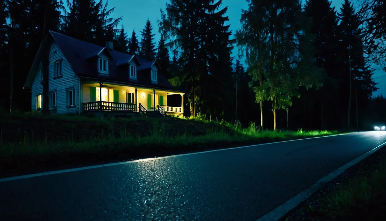 car parked on the edge of the asphalt, road, forested area, in the background a house, dark night, sinister atmosphere