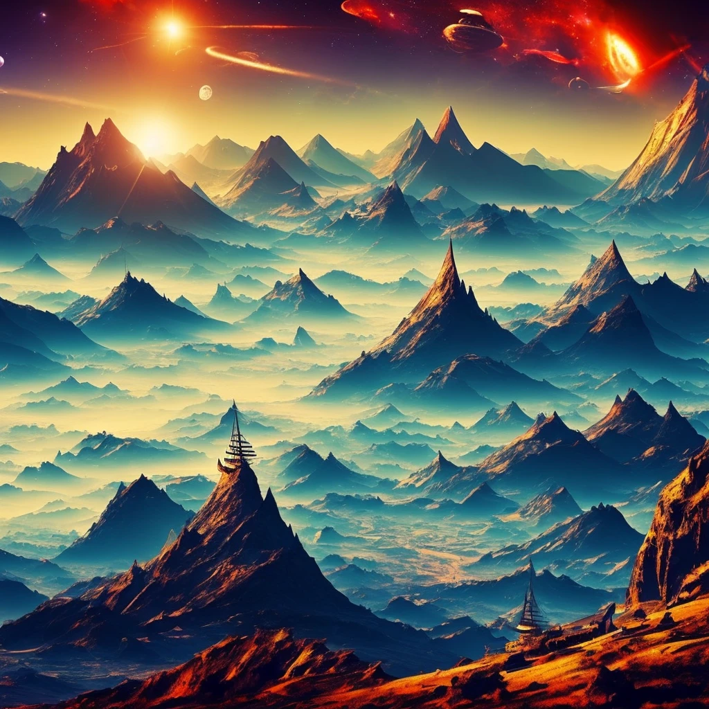 you are a surrealist artist create a picture of a wasteland with a sailing ship sailing among the mountains, nebulae and planets in the background