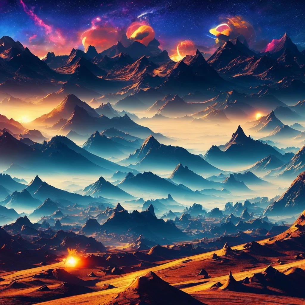 you are a surrealist artist create a picture of a wasteland with a sailing ship sailing among the mountains, nebulae and planets in the background