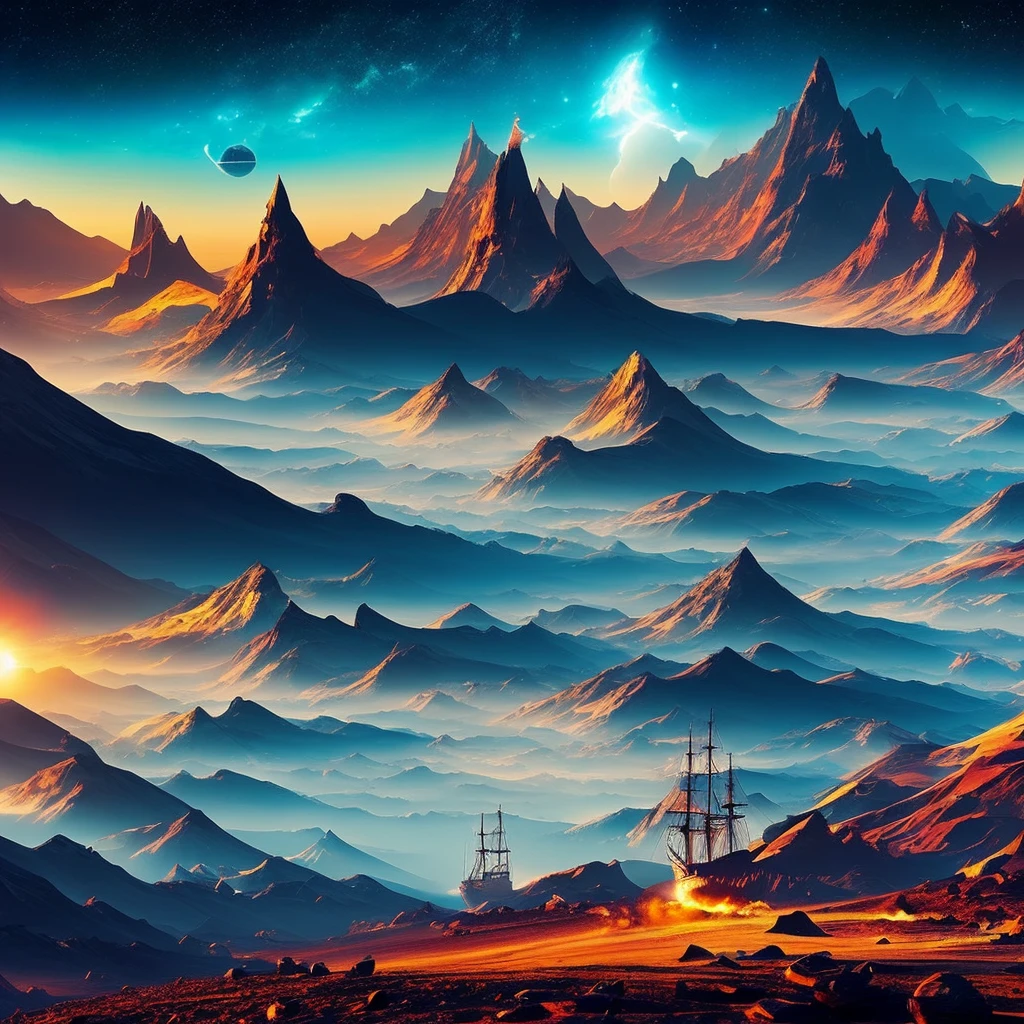 you are a surrealist artist create a picture of a wasteland with a sailing ship sailing among the mountains, nebulae and planets in the background