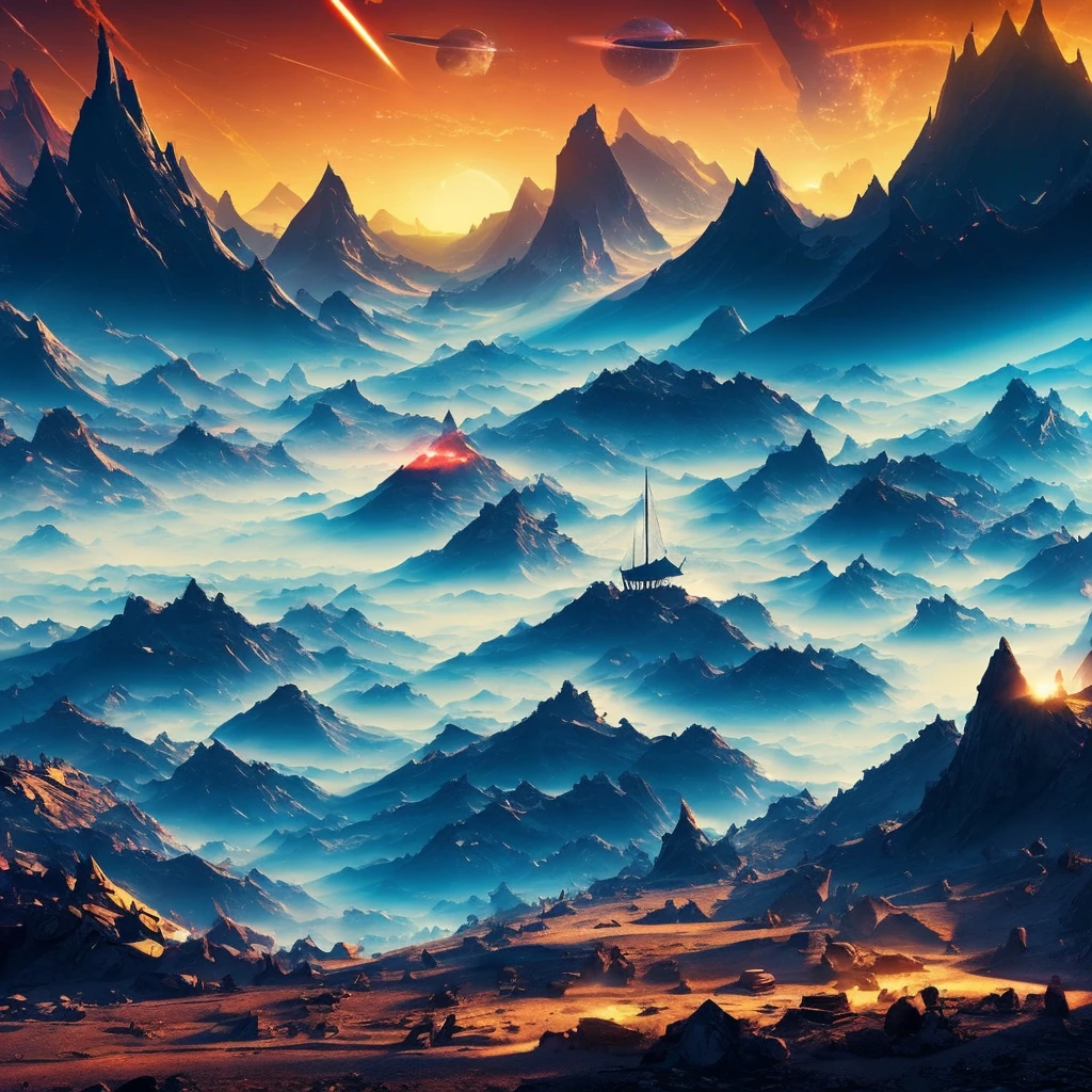 you are a surrealist artist create a picture of a wasteland with a sailing ship sailing among the mountains, nebulae and planets in the background