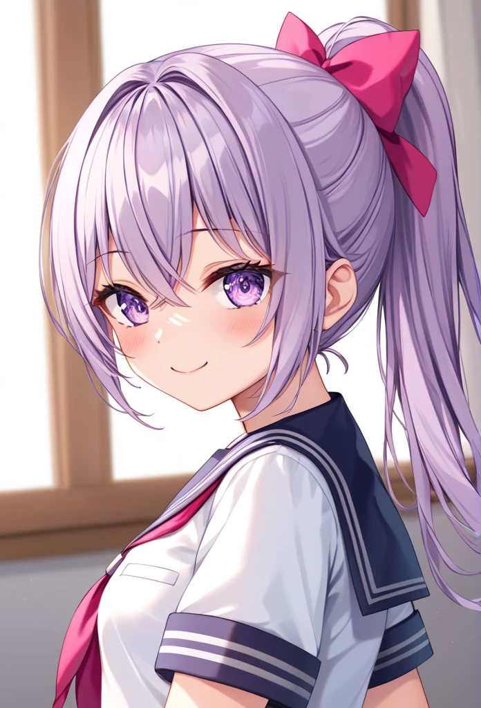 (((masterpiece)))(((Highest quality)))(((8K)))(((4K)))One Little Girl、 years old、Straight Hair、Pink high ponytail、Crossed bangs、Light purple eyes、Squint your eyes、Smile with your mouth closed、(((Cute school uniforms)))、Small breasts, 、turn around、Upper Body、Anime Style