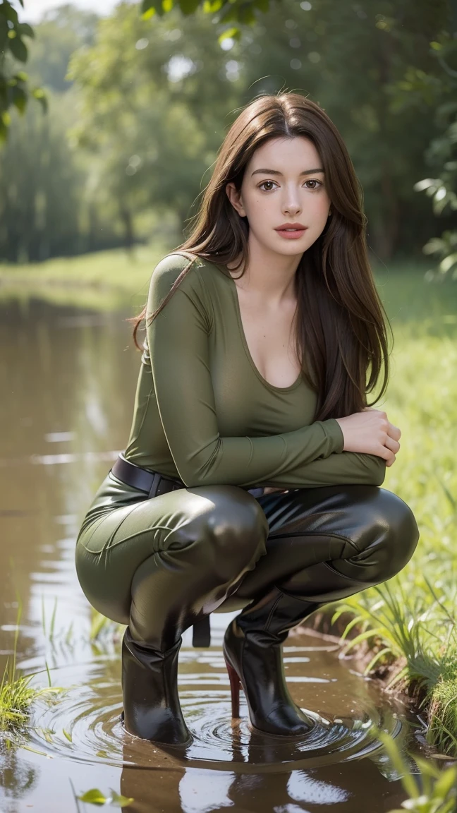 Young Anne Hathaway has long brown hair,Wearing a green shiny full body suit，Full breasts，Long legs，Over the knee boots，Wear a belt，Squatting in the swamp，The body was covered in mud stains，Full body picture，Realistic