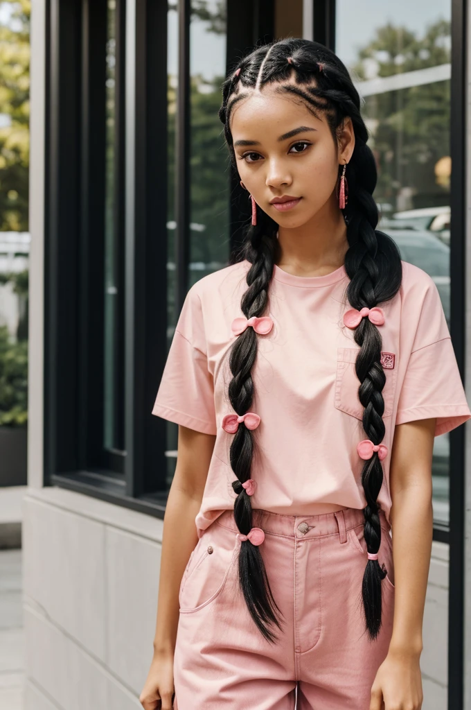 A woman with long black hair with braids who has a strawberry accessory in her hair who has a light pink shirt who has black pants and that's it.
