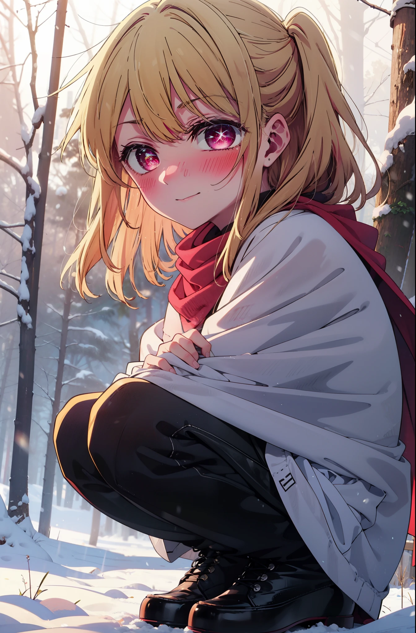 rubyhoshino, Hoshino Ruby, Long Hair, bangs, Blonde, (Pink Eyes:1.3), Side Lock, (Symbol-shaped pupil:1.5), Multicolored Hair, Two-tone hair, smile,,smile,blush,White Breath,
Open your mouth,snow,Ground bonfire, Outdoor, boots, snowing, From the side, wood, suitcase, Cape, Blurred, , forest, White handbag, nature, Squat, Mouth closed, Cape, winter, Written boundary depth, Black shoes, red Cape break looking at viewer, Upper Body, whole body, break Outdoor, forest, nature, break (masterpiece:1.2), Highest quality, High resolution, unity 8k wallpaper, (shape:0.8), (Beautiful and beautiful eyes:1.6), Highly detailed face, Perfect lighting, Highly detailed CG, (Perfect hands, Perfect Anatomy),