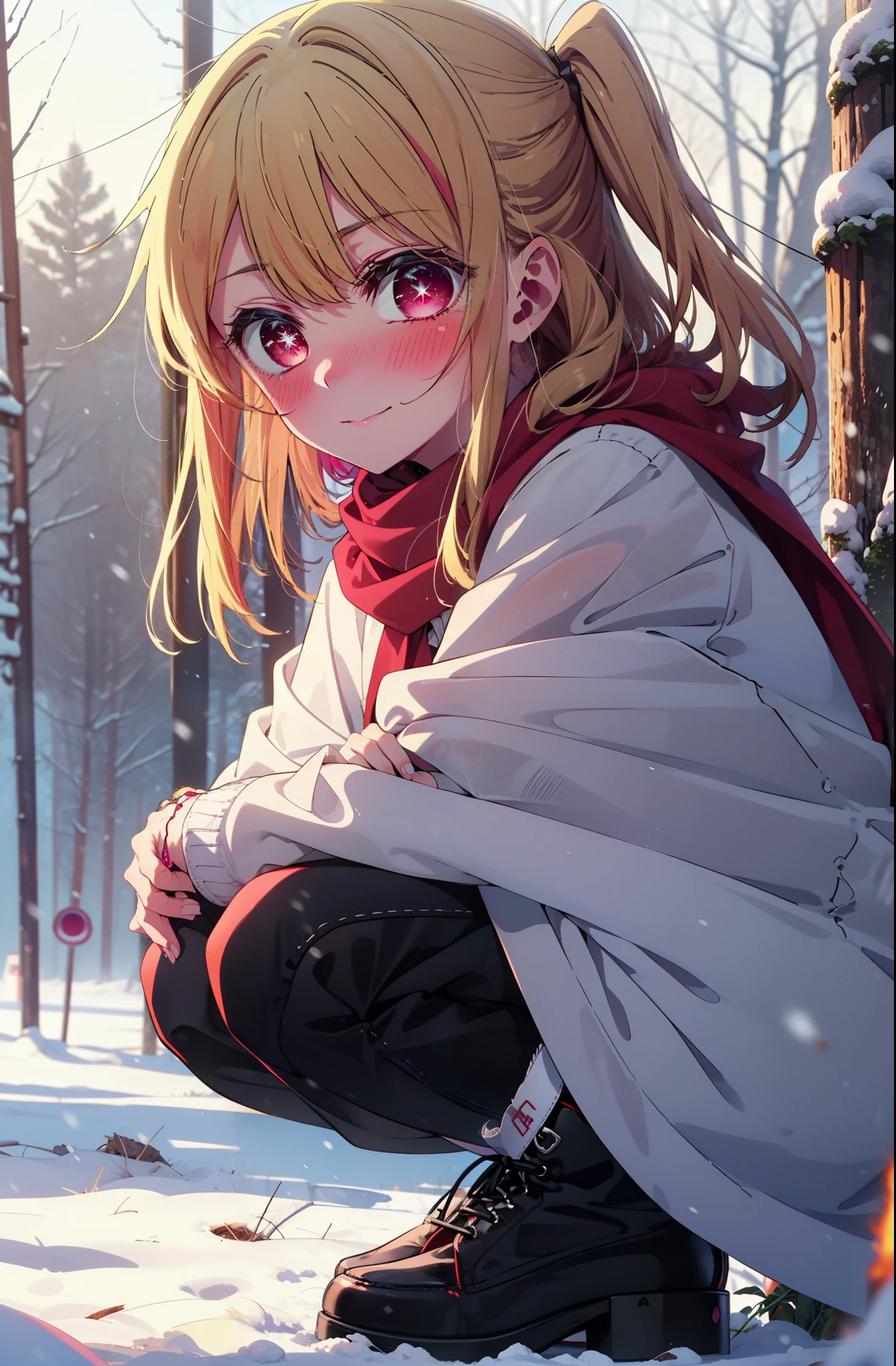 rubyhoshino, Hoshino Ruby, Long Hair, bangs, Blonde, (Pink Eyes:1.3), Side Lock, (Symbol-shaped pupil:1.5), Multicolored Hair, Two-tone hair, smile,,smile,blush,White Breath,
Open your mouth,snow,Ground bonfire, Outdoor, boots, snowing, From the side, wood, suitcase, Cape, Blurred, , forest, White handbag, nature,  Squat, Mouth closed, Cape, winter, Written boundary depth, Black shoes, red Cape break looking at viewer, Upper Body, whole body, break Outdoor, forest, nature, break (masterpiece:1.2), Highest quality, High resolution, unity 8k wallpaper, (shape:0.8), (Beautiful and beautiful eyes:1.6), Highly detailed face, Perfect lighting, Highly detailed CG, (Perfect hands, Perfect ???????),