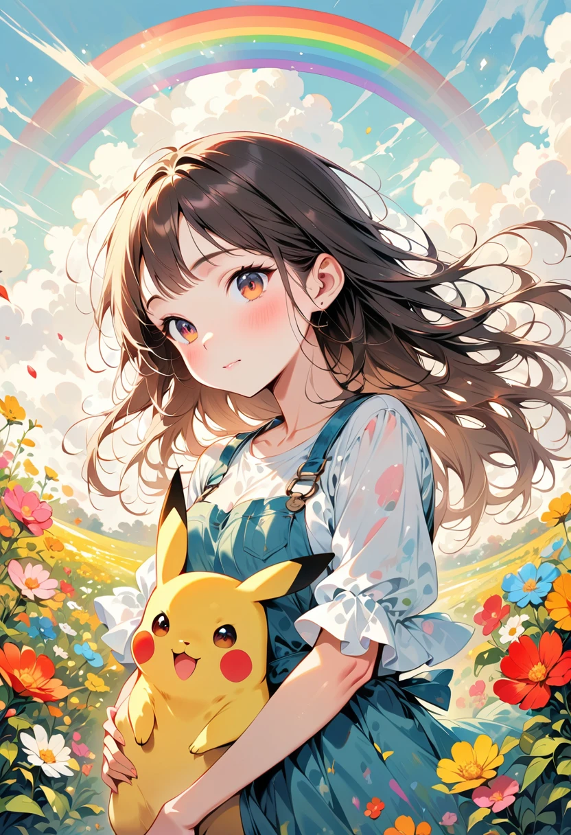 (masterpiece, top quality, best quality),(ultra-detailed, absolutely resolution),((16k, high res)), ((Water color)) BREAK {cute scene featuring Pikachu interacting with a rainbow. Use a bright and cheerful color palette with soft, painterly strokes. Pikachu should be standing joyfully at the end of a vibrant rainbow, surrounded by a field of blooming flowers and a clear blue sky. Include elements like fluffy white clouds and sun rays shining down to create a whimsical and enchanting atmosphere. The overall vibe should be warm and heartwarming, capturing the playful and magical essence of Pikachu and the rainbow.}