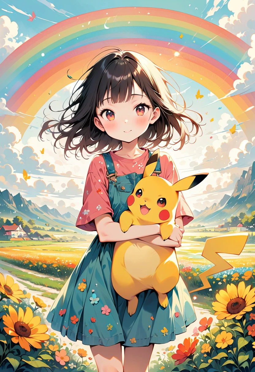 (masterpiece, top quality, best quality),(ultra-detailed, absolutely resolution),((16k, high res)), ((Water color)) BREAK {cute scene featuring Pikachu interacting with a rainbow. Use a bright and cheerful color palette with soft, painterly strokes. Pikachu should be standing joyfully at the end of a vibrant rainbow, surrounded by a field of blooming flowers and a clear blue sky. Include elements like fluffy white clouds and sun rays shining down to create a whimsical and enchanting atmosphere. The overall vibe should be warm and heartwarming, capturing the playful and magical essence of Pikachu and the rainbow.}