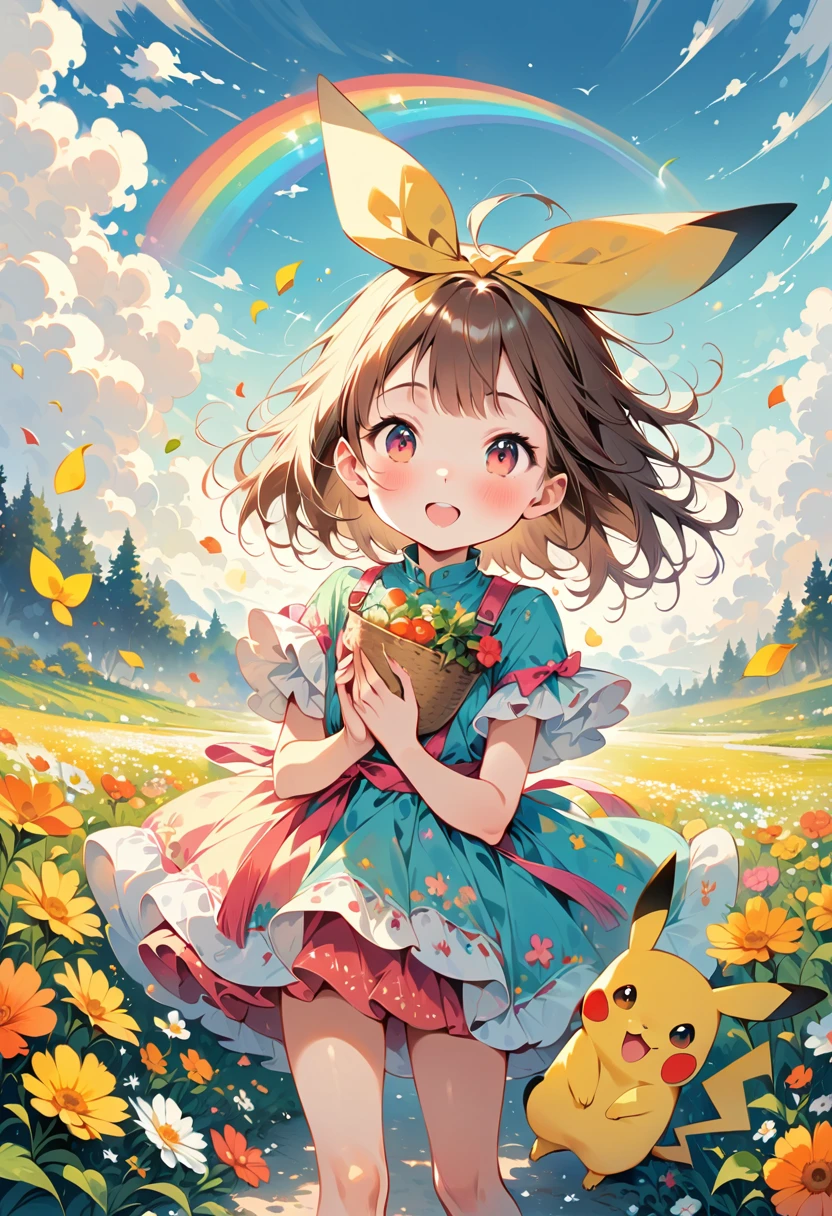 (masterpiece, top quality, best quality),(ultra-detailed, absolutely resolution),((16k, high res)), ((Water color)) BREAK {cute scene featuring Pikachu interacting with a rainbow. Use a bright and cheerful color palette with soft, painterly strokes. Pikachu should be standing joyfully at the end of a vibrant rainbow, surrounded by a field of blooming flowers and a clear blue sky. Include elements like fluffy white clouds and sun rays shining down to create a whimsical and enchanting atmosphere. The overall vibe should be warm and heartwarming, capturing the playful and magical essence of Pikachu and the rainbow.}