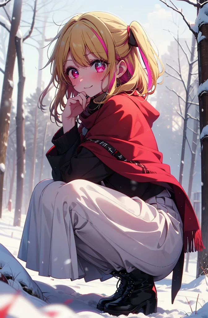 rubyhoshino, Hoshino Ruby, Long Hair, bangs, Blonde, (Pink Eyes:1.3), Side Lock, (Symbol-shaped pupil:1.5), Multicolored Hair, Two-tone hair, smile,,smile,blush,White Breath,
Open your mouth,snow,Ground bonfire, Outdoor, boots, snowing, From the side, wood, suitcase, Cape, Blurred, , forest, White handbag, nature, Squat, Mouth closed, Cape, winter, Written boundary depth, Black shoes, red Cape break looking at viewer, Upper Body, whole body, break Outdoor, forest, nature, break (masterpiece:1.2), Highest quality, High resolution, unity 8k wallpaper, (shape:0.8), (Beautiful and beautiful eyes:1.6), Highly detailed face, Perfect lighting, Highly detailed CG, (Perfect hands, Perfect Anatomy),