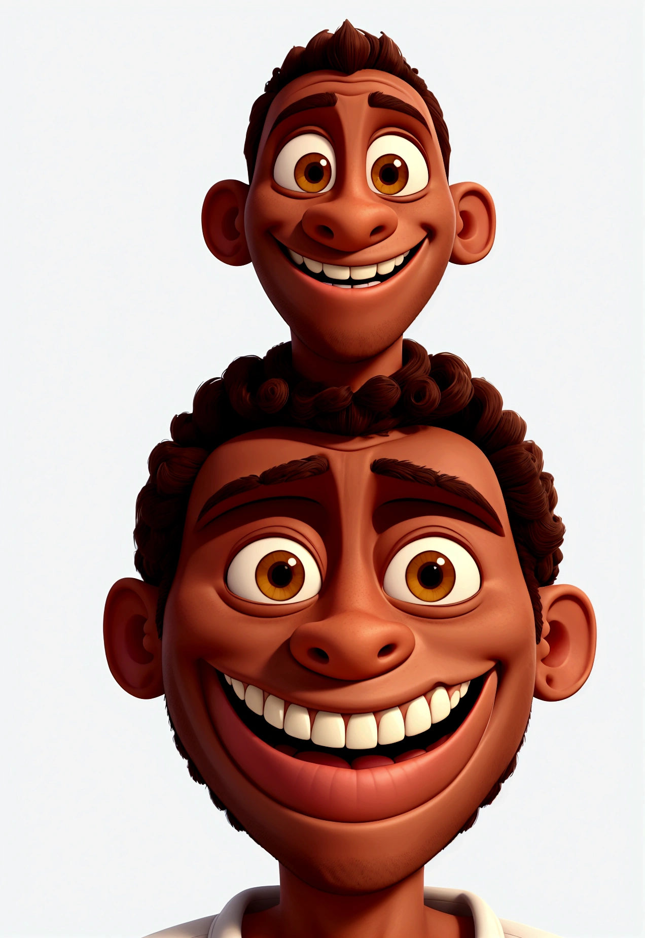 Illustration of smiling man, insane smile, brown skin man with a giant grin, smiling happily at the camera, cheeky smile, he is smiling, very huge smile, smiling male, headshot profile picture, laughing huge smile, drawing in 3D Art style, C4D, pure white color background, Disney  style, pixar style render illustration Super Detail, 8K